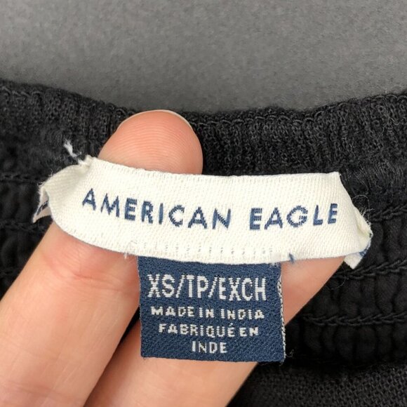 American Eagle Linen Blend Smocked Back Crop Tank Top XS Black Coastal Beach - Picture 3 of 8